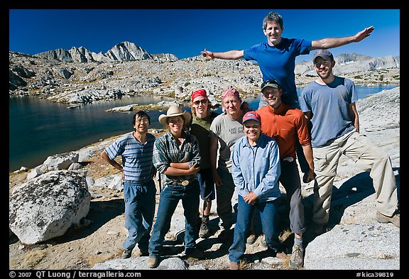 Hiking group posing in Dusy basin. Kings Canyon National Park, California (color)