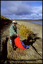 Camper folding the tarp while breaking camp. Kobuk Valley National Park, Alaska ( color)