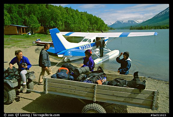 Getting ready to load the floatplane with the backpacking gear. Lake Clark National Park, Alaska (color)