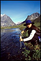 Woman filtering water from a stream. Lake Clark National Park, Alaska ( color)