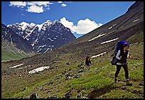 Backpackers walking on a slope. Lake Clark National Park, Alaska ( color)