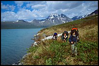 Backpackers travelling cross-country on the shore of Turquoise Lake. Lake Clark National Park, Alaska