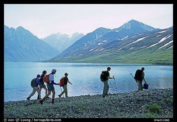 Group of hikers on the shores of Turquoise Lake. Lake Clark National Park, Alaska