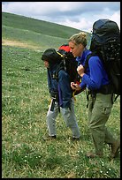 Two backpackers on the tundra. Lake Clark National Park, Alaska