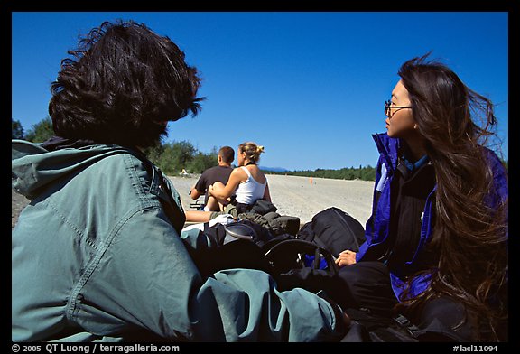 Riding on the gear trailer out of the airstrip in Port Alsworth. Lake Clark National Park, Alaska