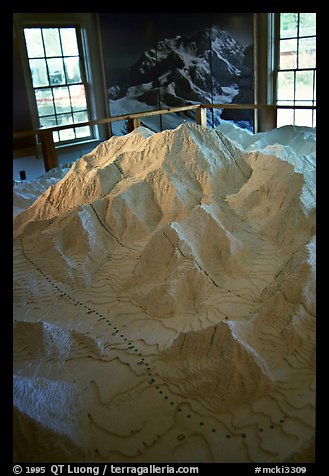 Model of Mt McKinley in the museum of Artic Adventure with West Face routes. Alaska (color)