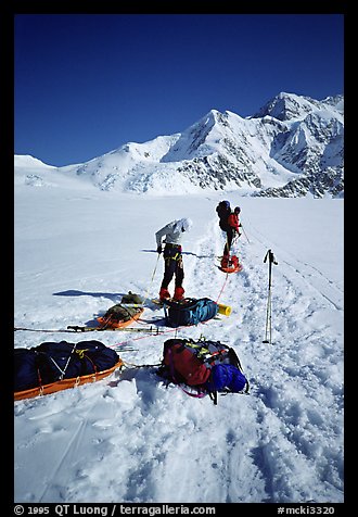 Hauling heavy loads on the Kahilna Glacier,  including mostly food and fuel for three weeks and polar-grade gear. Denali, Alaska