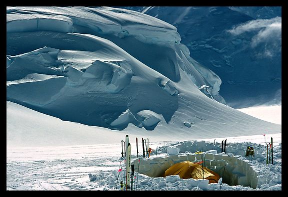 Camp 11000 with a many skis. Denali, Alaska