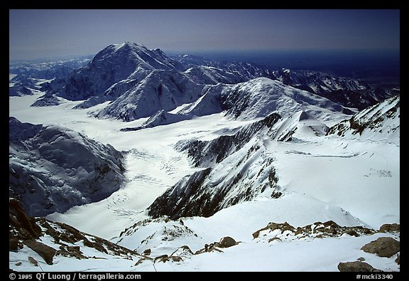 The route so far (outlined in red): the Kahilna glacier in front of Mt Foraker, Windy Corner, and the camp 14300 which is nested in a snow bowl. Denali, Alaska (color)