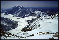 The route so far (outlined in red): the Kahilna glacier in front of Mt Foraker, Windy Corner, and the camp 14300 which is nested in a snow bowl. Denali, Alaska ( color)