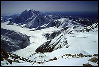 The route so far (outlined in red): the Kahilna glacier in front of Mt Foraker, Windy Corner, and the camp 14300 which is nested in a snow bowl. Denali, Alaska