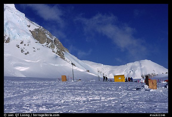 The ranger tent. They perform rescues and operate a medical camp, but also give tickets for littering. The two lattrines help keep the snow good for drinking. Denali, Alaska (color)