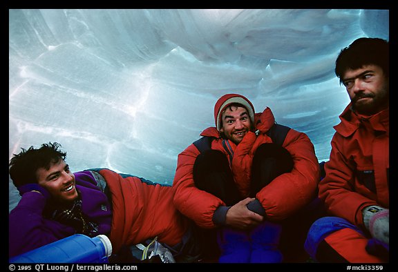 Climbers inside an igloo. Denali, Alaska (color)