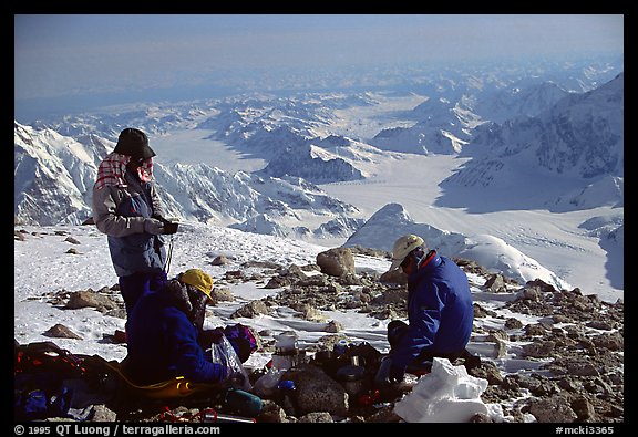 The Balcony camp on the West Rib really deserves its name. Panoramic view over 180 degrees. Denali, Alaska (color)