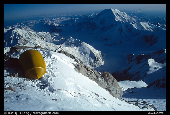 Being late on my schedule, due to the unexpected effect of altitude, I am lucky to find a ledge large enough for my Stephenson tent. Denali, Alaska (color)