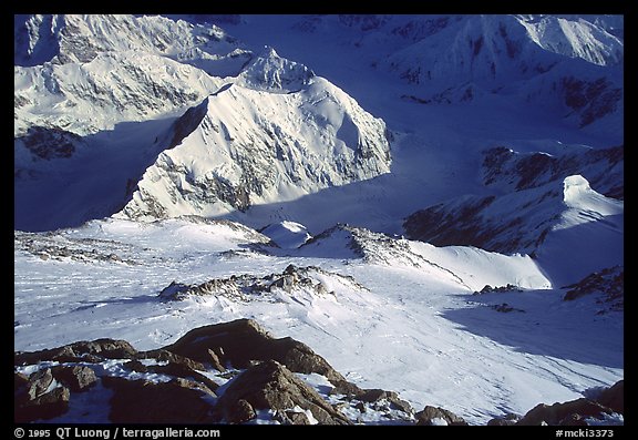 The West Rib has 45 degrees inclination, with some steeper mixed parts. This means that unlike the West Buttress, it is a somewhat technical route, where you have to do some sort of climbing, and be careful not to fall. Denali, Alaska (color)