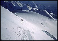 The treacherous Denali Pass, scene of numerous accidents. The descending traverse is somewhat delicate for tired climbers. Moreover some take only ski poles and therefore cannot self-arrest. Denali, Alaska