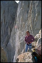 Man gearing up to climb  East face of Mt Whitney. California
