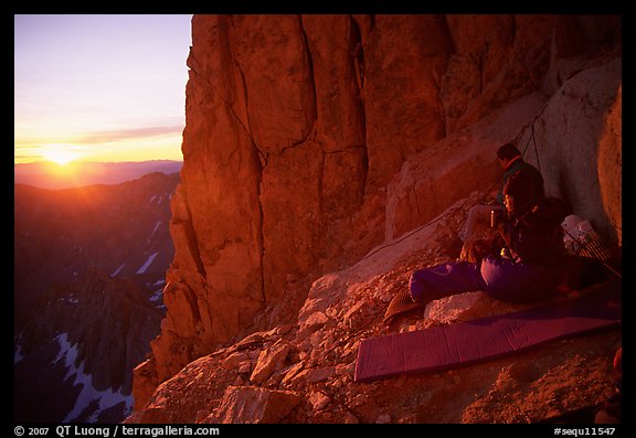 Mountaineers on a bivy on Mt Whitney at sunrise. Sequoia National Park, California