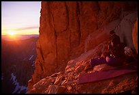 Mountaineers on a bivy on Mt Whitney at sunrise. California