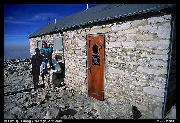 Hikers and Mt Whitney summit shelter. California (color)