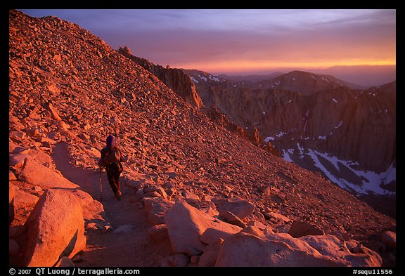 Hiking down Mt Whitney at sunset. Sequoia National Park, California