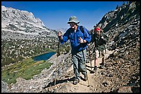 Father and son on trail above Long Lake, John Muir Wilderness. Kings Canyon National Park, California (color)