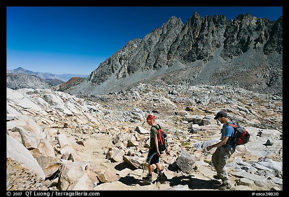 Hikers at Bishop Pass, John Muir Wilderness. Kings Canyon National Park, California