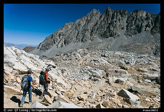 Hikers below Bishop Pass, John Muir Wilderness. Kings Canyon National Park, California (color)