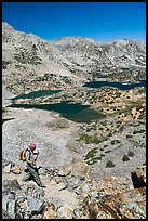 Hiker on trail above Saddlebag Lakes, John Muir Wilderness. Kings Canyon National Park, California