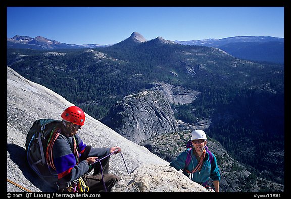 Climbing the Snake Dike route, Half-Dome. Yosemite National Park, California (color)
