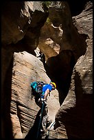Canyoneers rappel a narrow section of Mystery Canyon. Zion National Park, Utah ( color)