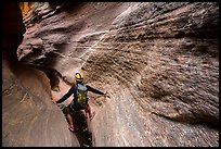 Hiker in slot canyon, Mystery Canyon. Zion National Park, Utah ( color)