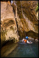 Canyoneer ends rappel into Mystery Springs pool, Mystery Canyon. Zion National Park, Utah ( color)