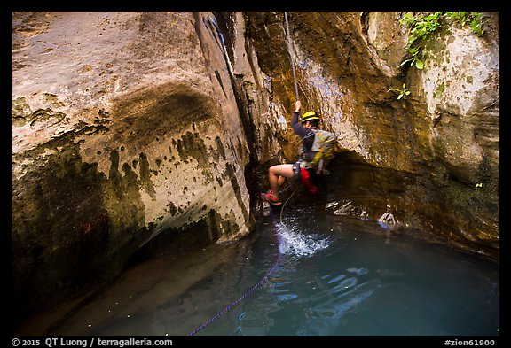 Canyoneer swings above water pool, Mystery Canyon. Zion National Park, Utah (color)