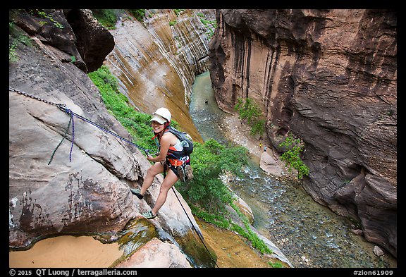 Woman rappels into the Virgin River Narrows. Zion National Park, Utah (color)