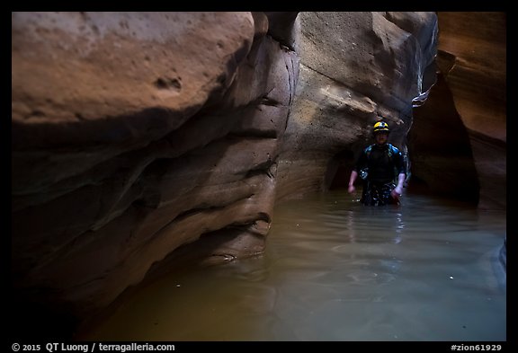 Canyoning in dark narrows, Pine Creek Canyon. Zion National Park, Utah (color)