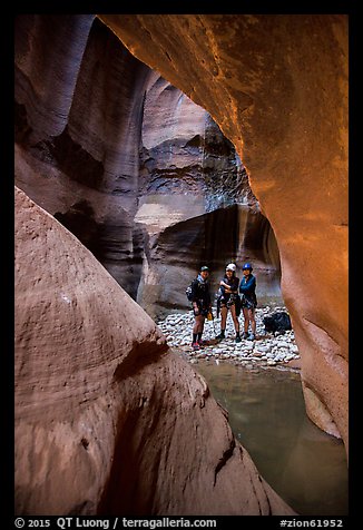 Canyoneers in chamber, Pine Creek Canyon. Zion National Park, Utah (color)