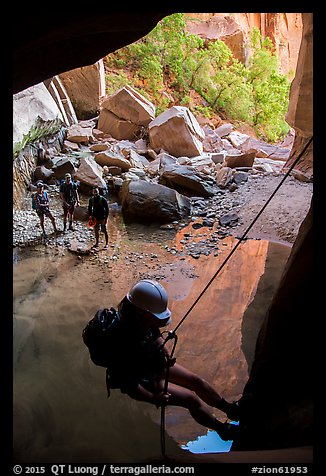 Final rappel out of Pine Creek Canyon. Zion National Park, Utah (color)