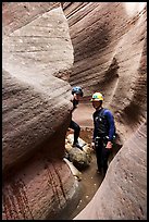 Hikers wading in Keyhole Canyon. Zion National Park, Utah ( color)