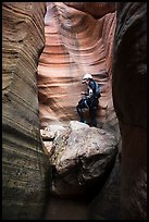 Canyoneer above chockstone, Keyhole Canyon. Zion National Park, Utah ( color)