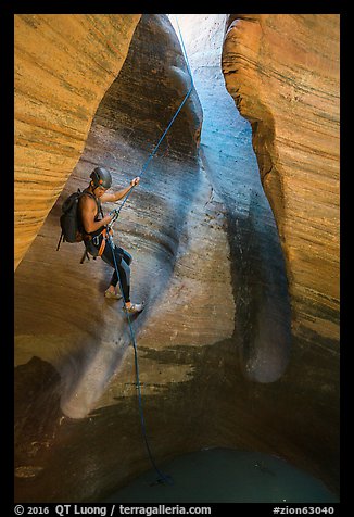 First rappel into Keyhole Canyon. Zion National Park, Utah (color)