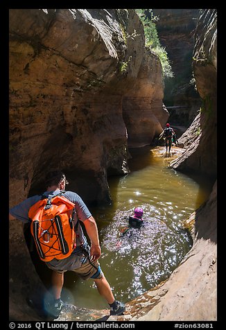 Hikers swim across pool, Left Fork. Zion National Park (color)