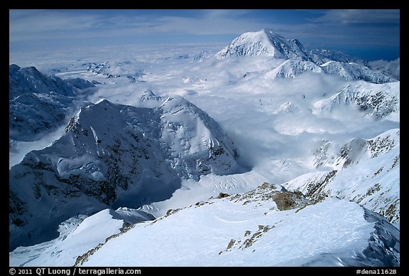 Mt Foraker and Kahilna Peaks seen from the West Rib of Mt McKinley. Denali National Park, Alaska, USA.