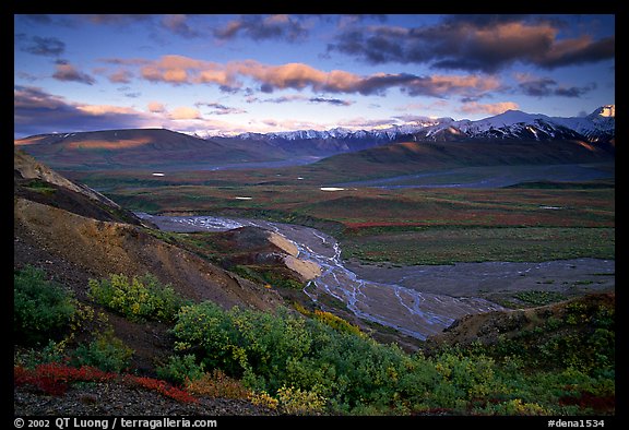 Tundra, braided rivers, Alaska Range in the evening from Polychrome Pass. Denali National Park, Alaska, USA.