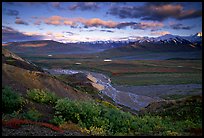Tundra, braided rivers, Alaska Range in the evening from Polychrome Pass. Denali National Park, Alaska, USA. (color)