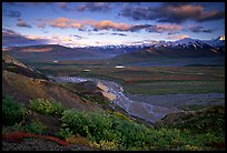 Tundra, braided rivers, Alaska Range in the evening from Polychrome Pass. Denali National Park, Alaska, USA.