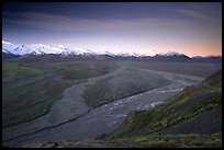 Wide valley with braided rivers and Alaska Range at sunrise from Polychrome Pass. Denali National Park, Alaska, USA. (color)