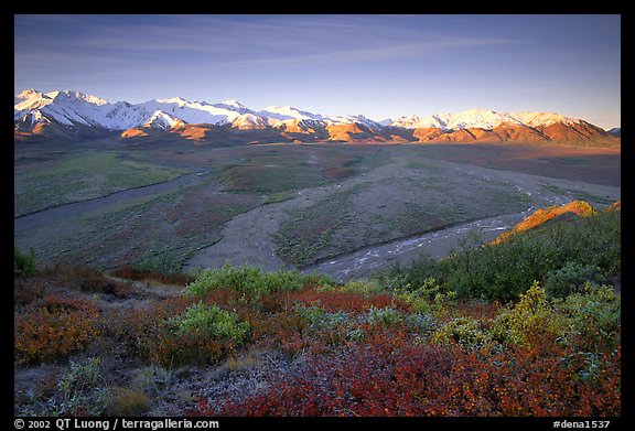 Tundra, braided rivers, Alaska Range at sunrise from Polychrome Pass. Denali National Park, Alaska, USA.