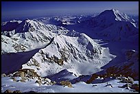 Kahilna peaks and Mt Foraker seen from 16000ft on Mt Mc Kinley. Denali National Park, Alaska, USA.